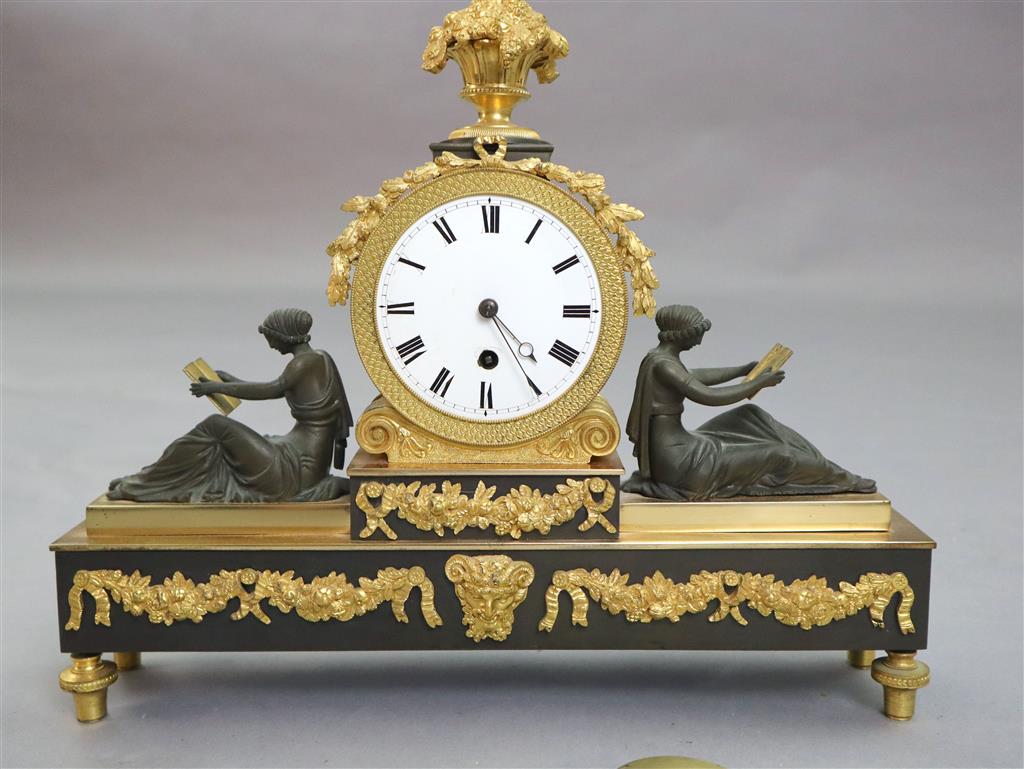 Thos. Hawley, 75 Strand, London. A Regency bronze and ormolu mantel timepiece, width 14.5in. depth 3in. height 12in.